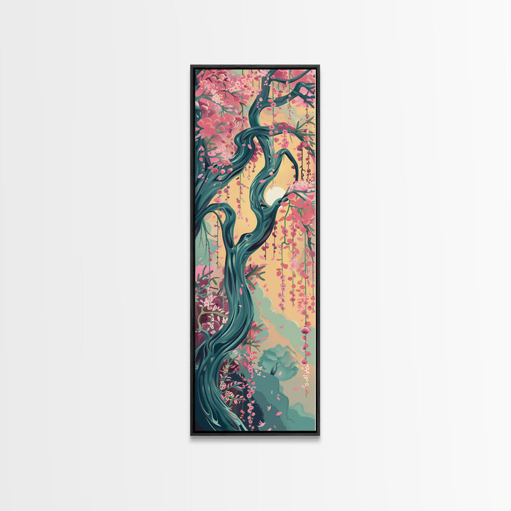 Japanese Garden Tree Skinny Wall Art Framed Canvas Print with Twisting Branches and Pink Blossoms in Warm Sunset Colors