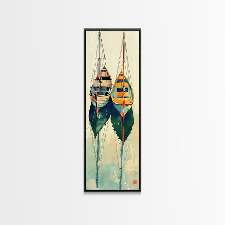 Reflective Calm Sailboats In The Harbor – Framed Canvas Print Featuring Skinny Art With Ukiyo-E Art And Japanese Style Art Tall Art Display