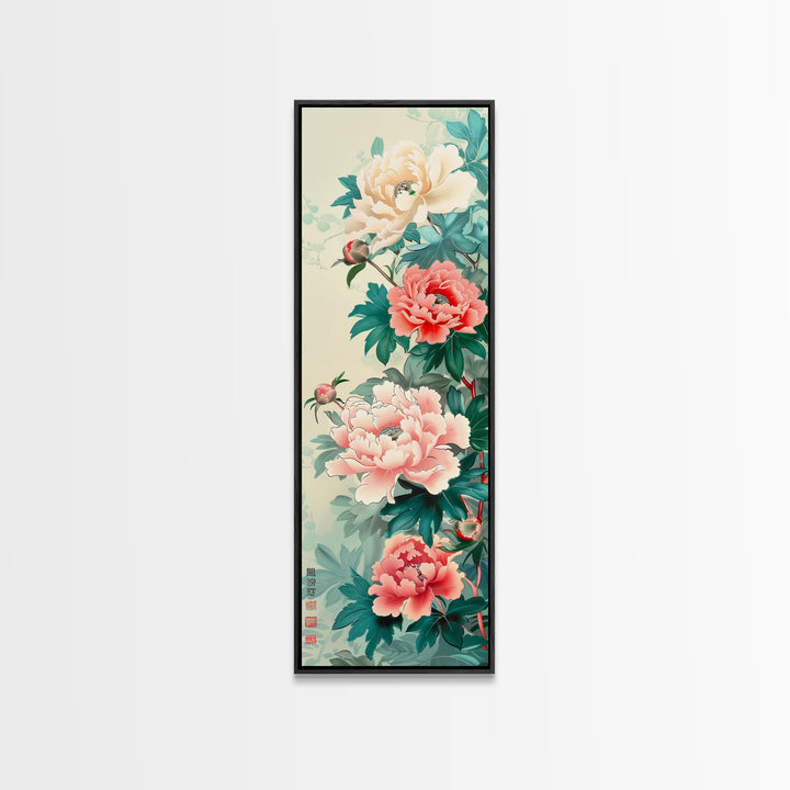 Japanese Style Art, Skinny Art, Tall Art, Peonies In Bloom Wood Block Print Framed Canvas Print Ukiyo-e Art