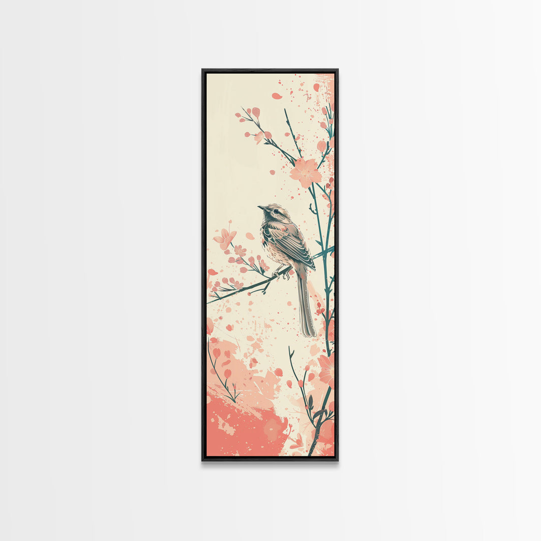 Perched Bird Among Blossoming Cherry Branches – Framed Canvas Print With Skinny Art And Tall Art Inspired By Ukiyo-E Art And Japanese Style Art