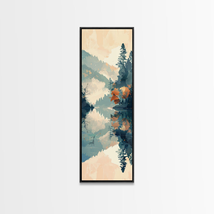 Ukiyo-e Art Depicting A Peaceful Lake Surrounded By Misty Mountains And Autumn Trees, Skinny Art, Tall Art, Framed Canvas Print, Japanese Style Art, Wood Block Print