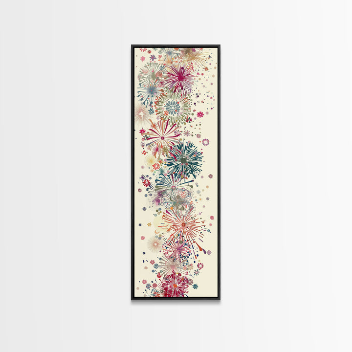 Skinny Art Tall Art Floral Burst Wood Block Print Japanese Style Art Vivid Explosions Of Colors Framed Canvas Print