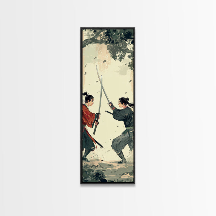 Skinny Art Tall Art Samurai Duel Wood Block Print Japanese Style Art Intense Battle Between Two Warriors Framed Canvas Print