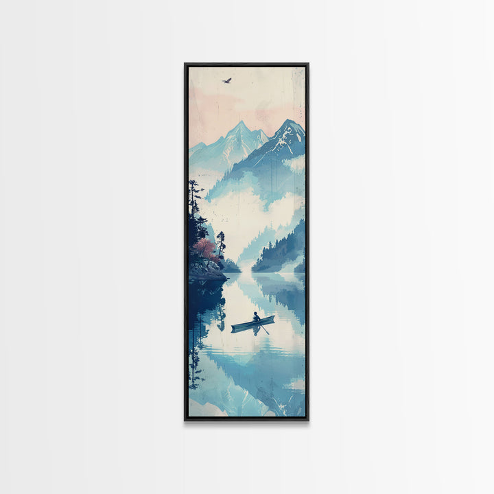 Serene Rowboat On A Misty Lake With Mountains – Framed Canvas Print Showcasing Skinny Art With Ukiyo-E Art And Japanese Style Art Tall Art