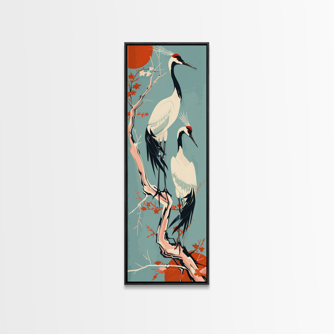 Pair Of Cranes Perched On Branch Against Orange Sun Background Skinny Art Wood Block Print Framed Canvas Print