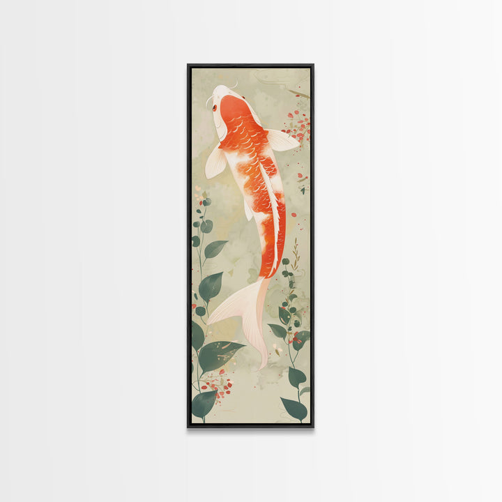Koi Fish Swimming Gracefully Among Greenery Tall Art Ukiyo-e Art Framed Canvas Print