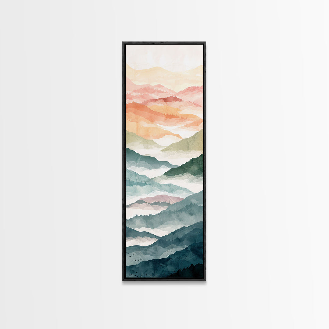 Rolling Hills And Layered Mountains In Soft Pastel Hues Ukiyo-e Wood Block Print Skinny Art Framed Canvas Print