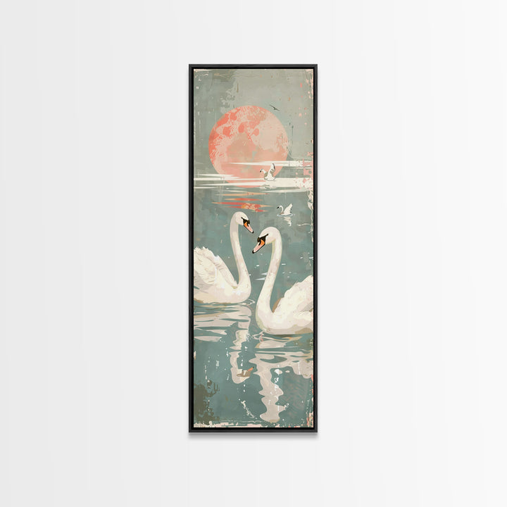 Graceful Swans With Peaceful Lake And Reflecting Sun Ukiyo-e Wood Block Skinny Tall Japanese Style Art Framed Canvas Print