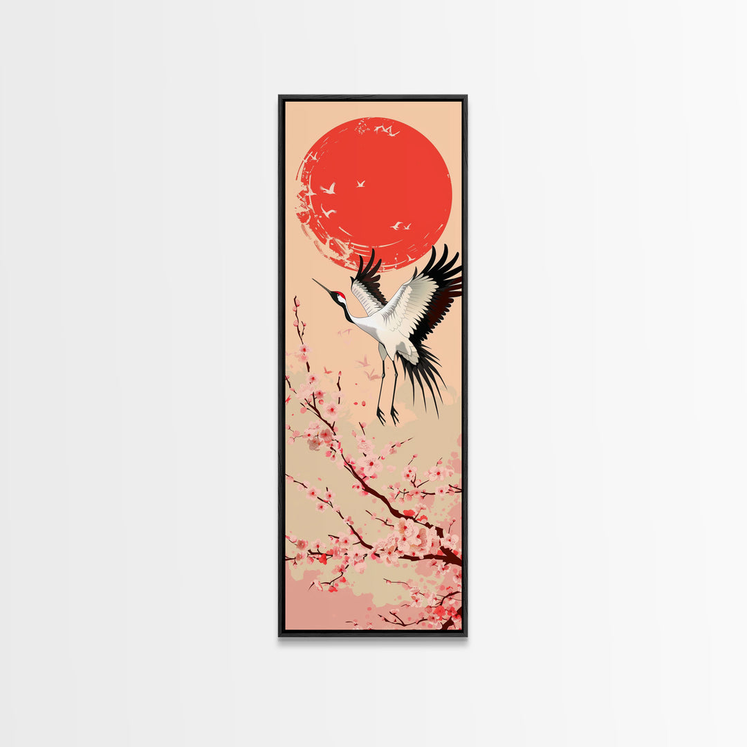Elegant Crane Bird In Mid-flight Against Bold Red Sun Ukiyo-e Tall Skinny Wood Block Framed Canvas Print Japanese Style Art