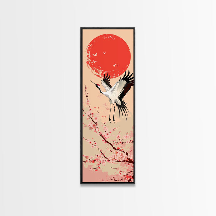 Elegant Crane Bird In Mid-flight Against Bold Red Sun Ukiyo-e Tall Skinny Wood Block Framed Canvas Print Japanese Style Art