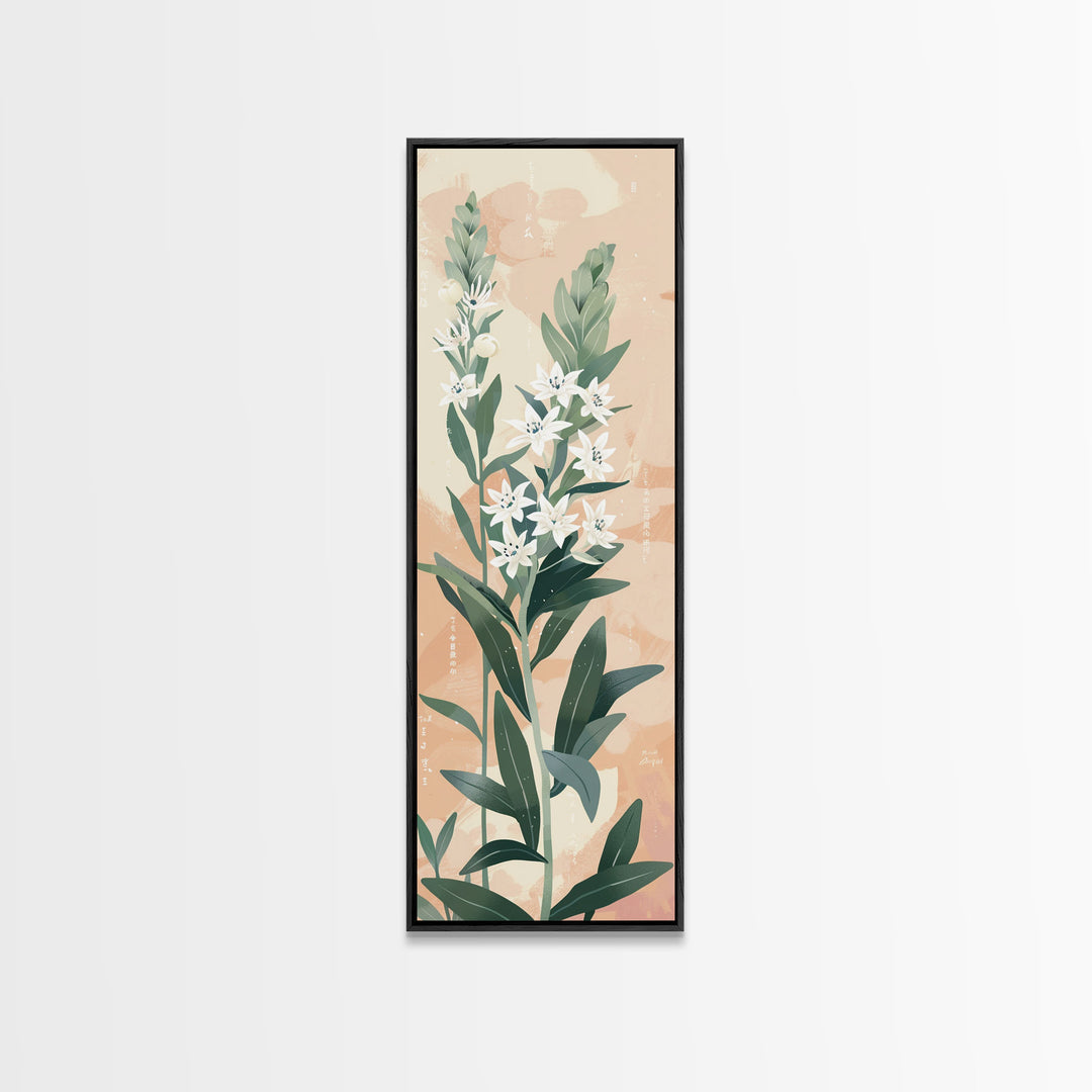 Elegant White Flowers On Tall Stems With Soft Background For Modern Wall Art Decor Ukiyo-e Japanese Style Art Framed Canvas Print