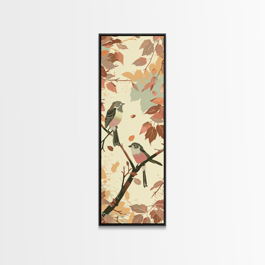 Charming Small Birds On Autumn Branches For Cozy Fall-Themed Wall Art Japanese Style Framed Canvas Print