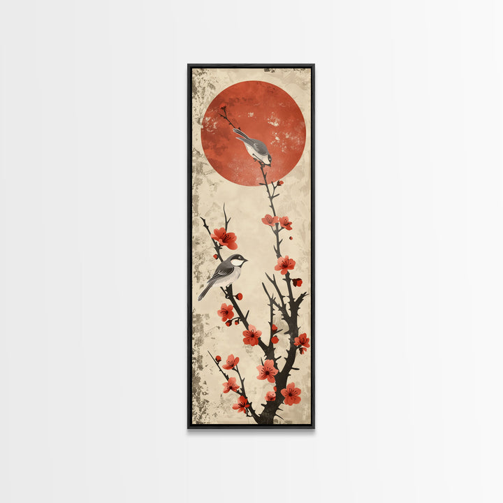 Delicate Birds Perched On Blooming Branch With Red Sun For Traditional Japanese Wall Art Decor Ukiyo-e Style Framed Canvas Print