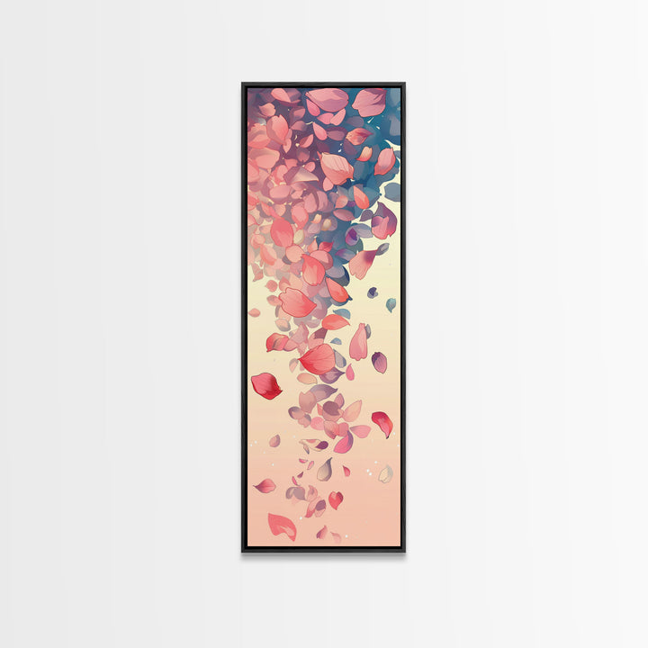 Cascading Pink Petals In Delicate Canvas, Tall Skinny Framed Wall Art For Feng Shui-Inspired Spaces, Japanese Style Art