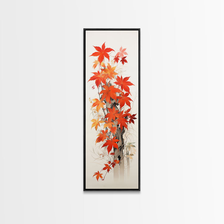 Brilliant Red Leaves On A Twisted Tree, Framed Canvas Print In Skinny Tall Style, Ideal For Feng Shui Wall Art In Japanese Style Art