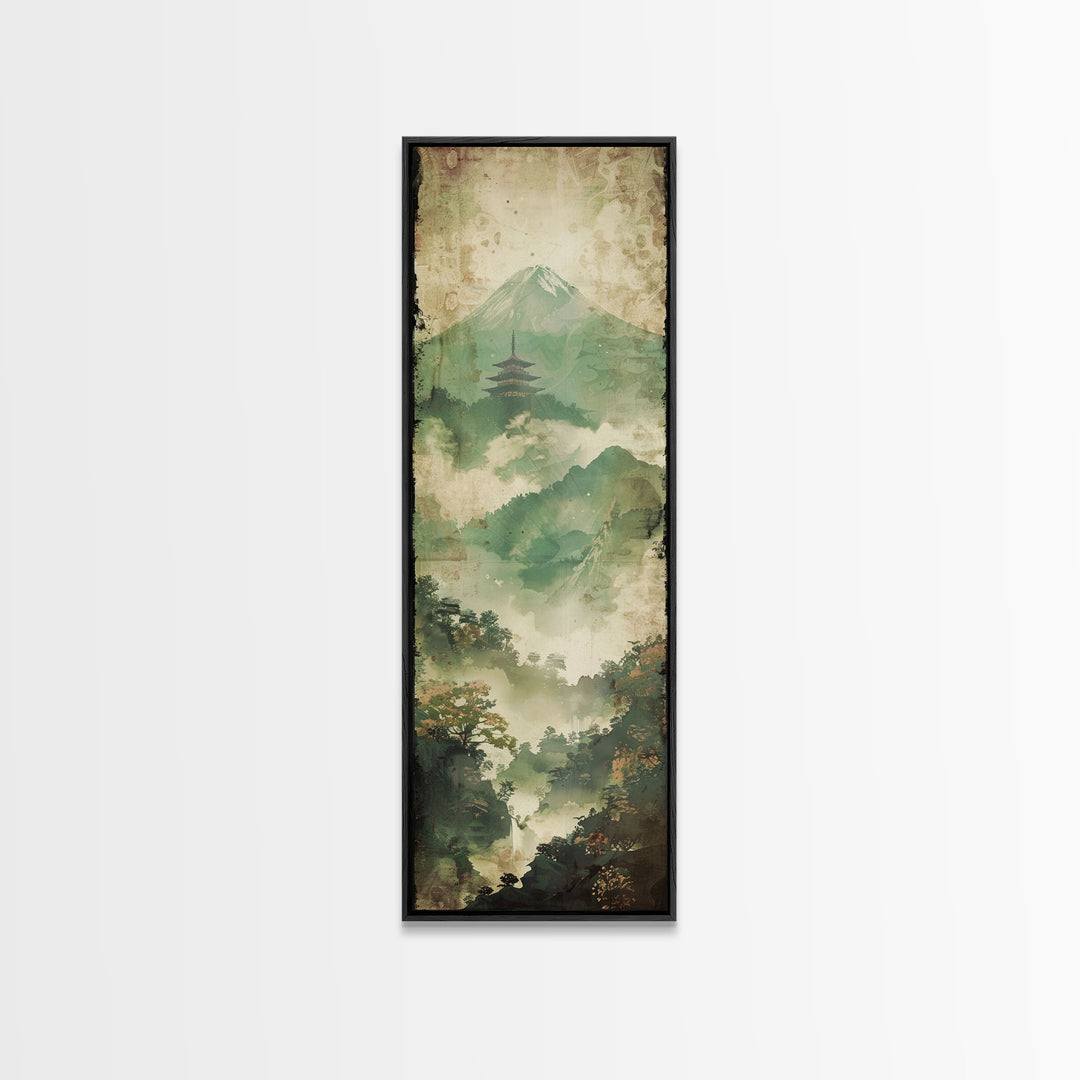 Skinny Art Tall Art Framed Canvas Print Japanese Style Art Foggy Mountain Temple Landscape Wood Block Print Ukiyo-e Feng Shui Wall Art