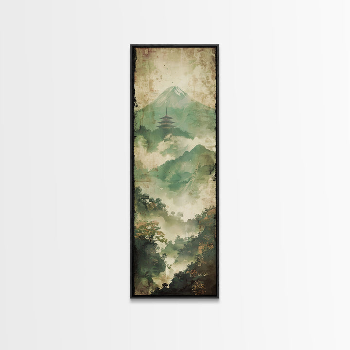 Skinny Art Tall Art Framed Canvas Print Japanese Style Art Foggy Mountain Temple Landscape Wood Block Print Ukiyo-e Feng Shui Wall Art