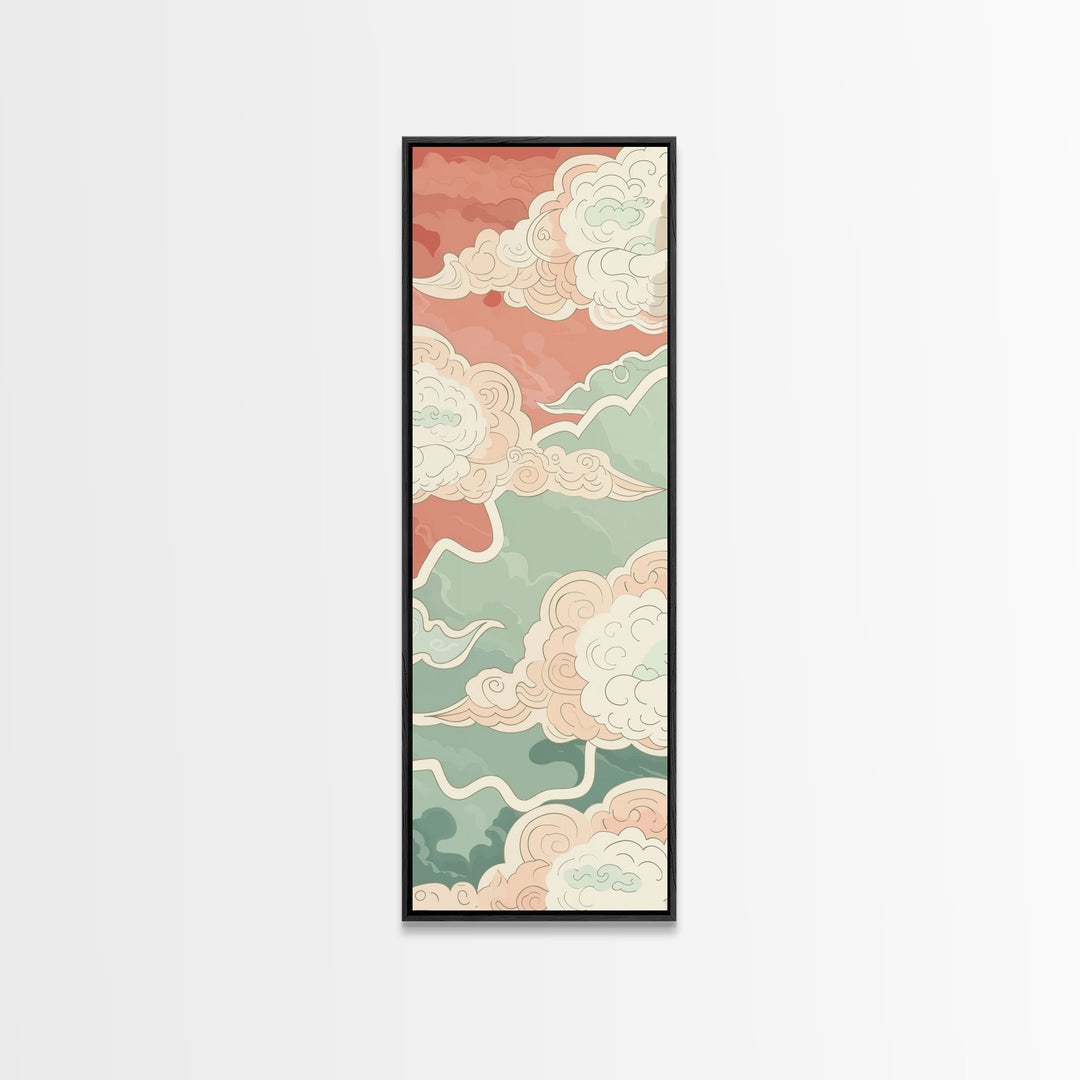 Traditional Japanese Cloud Design In Pastel Colors, Ukiyo-e Style Canvas, Framed Canvas Print, Tall Skinny Japanese Wall Art, Ready To Hang