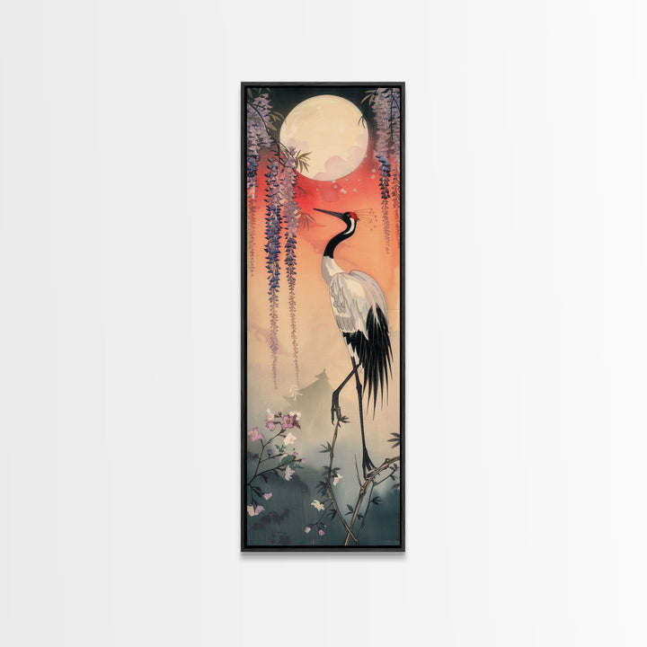 Japanese Crane With Moon And Wisteria - Skinny Art Tall Art Framed Canvas Print Japanese Style Art Ukiyo-e Art