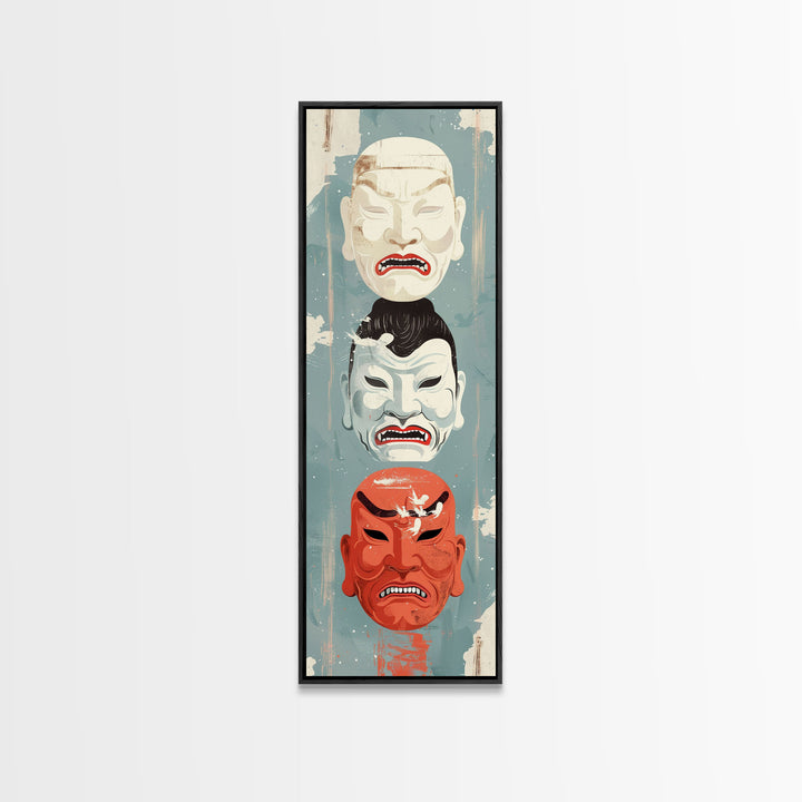 Japanese Masks In A Vertical Display - Skinny Art Tall Art Framed Canvas Print Japanese Style Art Ukiyo-e Art
