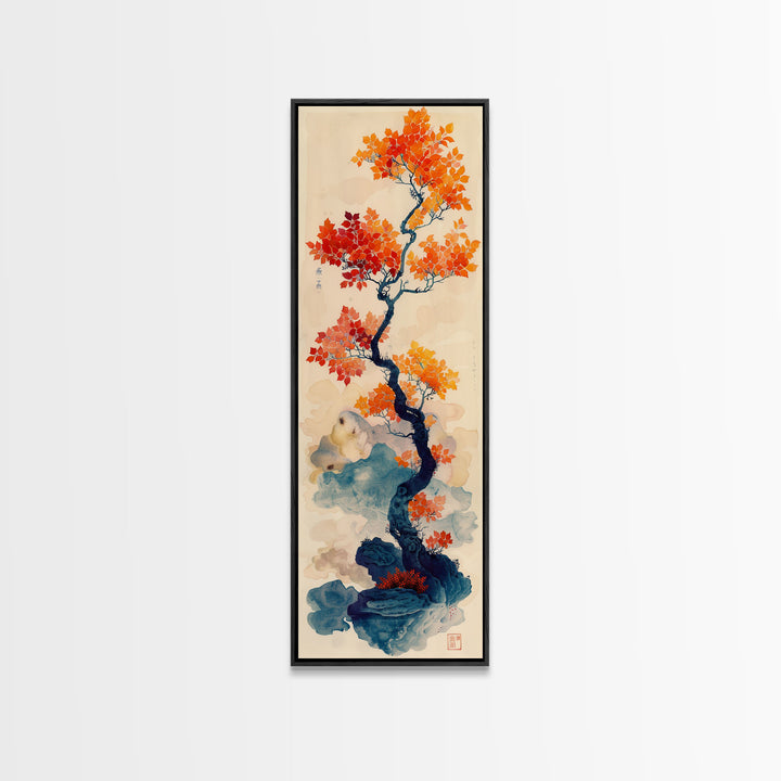 Japanese Maple Tree In Autumn Colors, Ukiyo-e Woodblock Print Style Canvas, Framed Canvas Print, Tall Skinny Japanese Wall Art, Ready To Hang