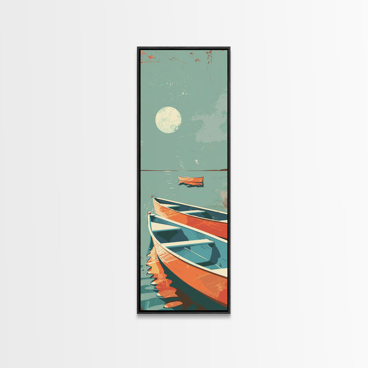 Moonlit Boats Drifting On Calm Waters In Japanese Style Ukiyo-e Art Framed Canvas Print Skinny Art Tall Art
