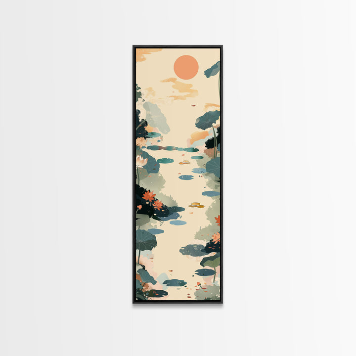 Tranquil Pond With Lotus Flowers And Leaves In Japanese Style Ukiyo-e Art Framed Canvas Print Skinny Art Tall Art