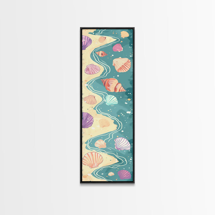 Shells On Shoreline Canvas In Ukiyo-e Style, Japanese Woodblock Print, Framed Canvas Print, Tall Skinny Japanese Wall Art, Ready To Hang