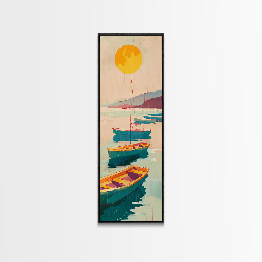 Rowboats And Golden Sun On Calm Water Skinny Art Wood Block Print Japanese Style Art Framed Canvas Print Tall Art Ukiyo-e Art