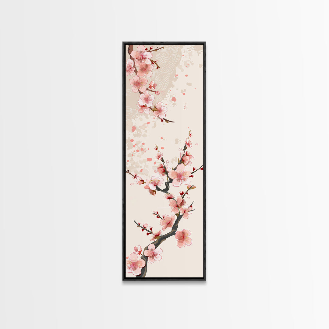 Cherry Blossom Branches On Canvas In Japanese Ukiyo-e Style, Traditional Woodblock Print, Framed Canvas Print, Tall Skinny Japanese Wall Art, Ready To Hang