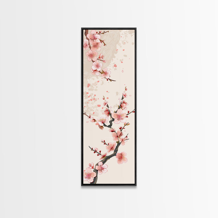Cherry Blossom Branches On Canvas In Japanese Ukiyo-e Style, Traditional Woodblock Print, Framed Canvas Print, Tall Skinny Japanese Wall Art, Ready To Hang