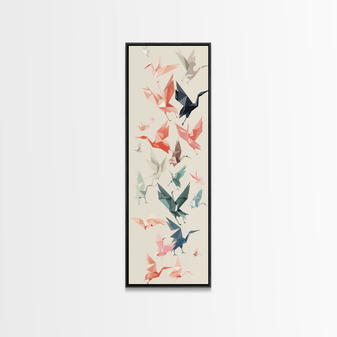 Origami Crane Birds Skinny Art Tall Art Japanese Ukiyo-e Inspired Framed Canvas Print Perfect for Modern Minimalist Spaces