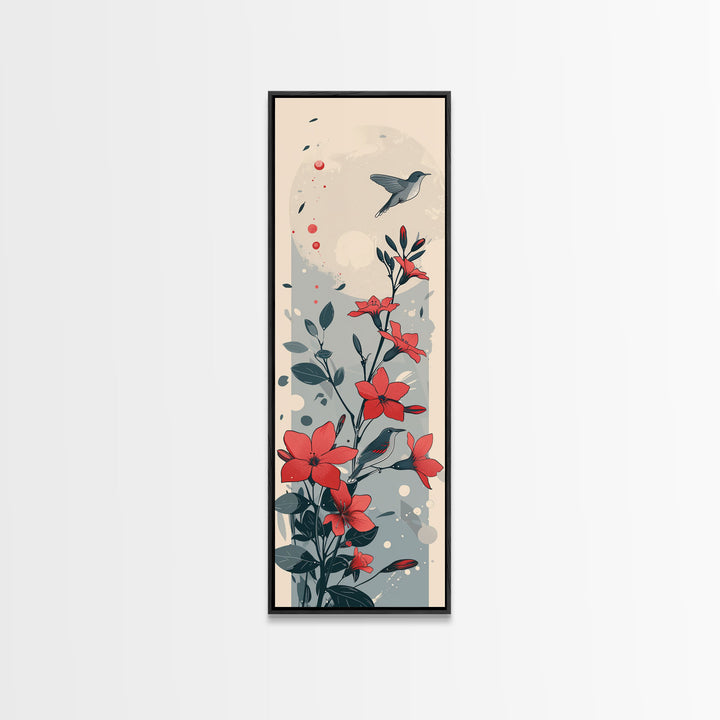 Hummingbird and Red Flowers Skinny Art Tall Art Japanese Ukiyo-e Inspired Nature Framed Canvas Print for Vibrant Interiors