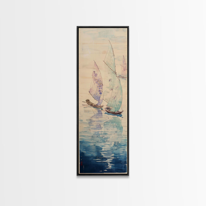 Sailboats On Calm Sea Canvas In Japanese Ukiyo-e Style, Traditional Woodblock Print, Framed Canvas Print, Tall Skinny Japanese Wall Art, Ready To Hang