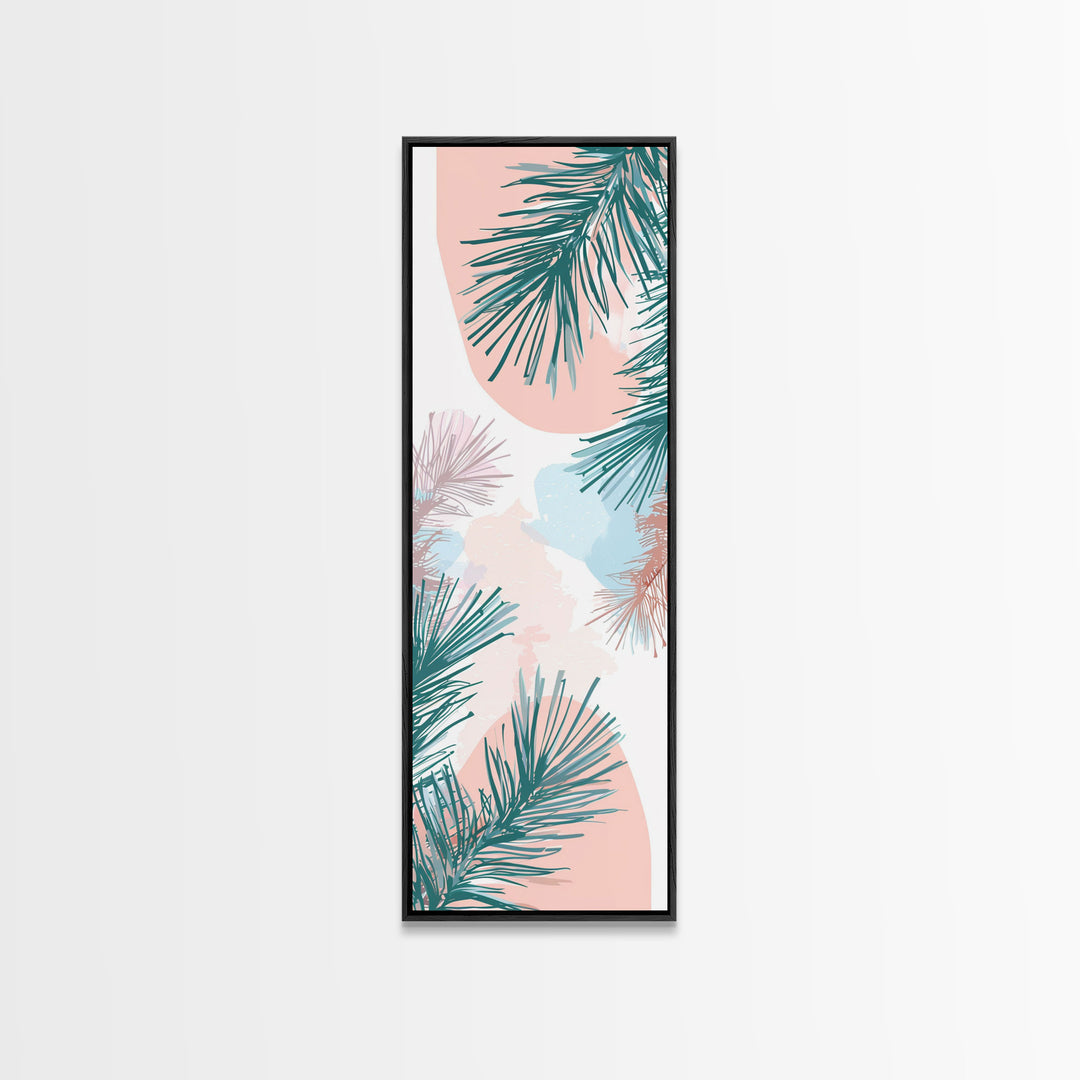 Elegant Pine Branches on Soft Pastel Background - Skinny Art, Japanese Wall Decor, Framed Canvas Print, Ukiyo-e Style