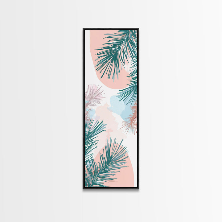 Elegant Pine Branches on Soft Pastel Background - Skinny Art, Japanese Wall Decor, Framed Canvas Print, Ukiyo-e Style
