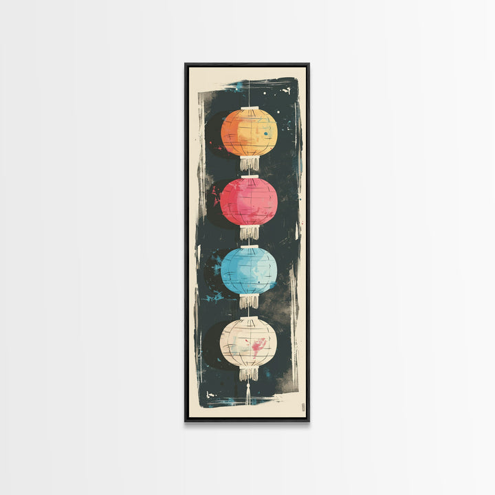 Colorful Lanterns Hanging in a Vertical Row with Abstract Background - Skinny Art, Japanese Wall Decor, Framed Canvas Print, Ukiyo-e Style