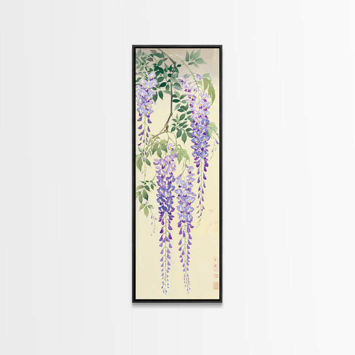 Cascading Wisteria Blossoms in Shades of Purple and Green - Skinny Art, Japanese Wall Decor, Framed Canvas Print, Ukiyo-e Style