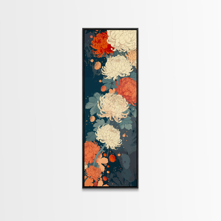 Blooming Chrysanthemums in Rich Autumn Colors - Skinny Art, Japanese Wall Decor, Framed Canvas Print, Ukiyo-e Style