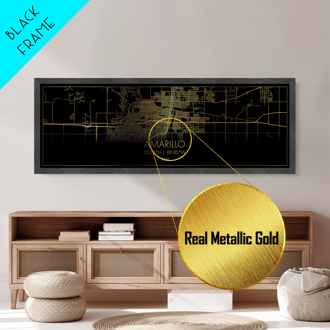 Amarillo Texas City street map, Panoramic art, black and gold, Metallic Gold Print, Metal Art, real wood frames, Modern Wall Art, Map Art