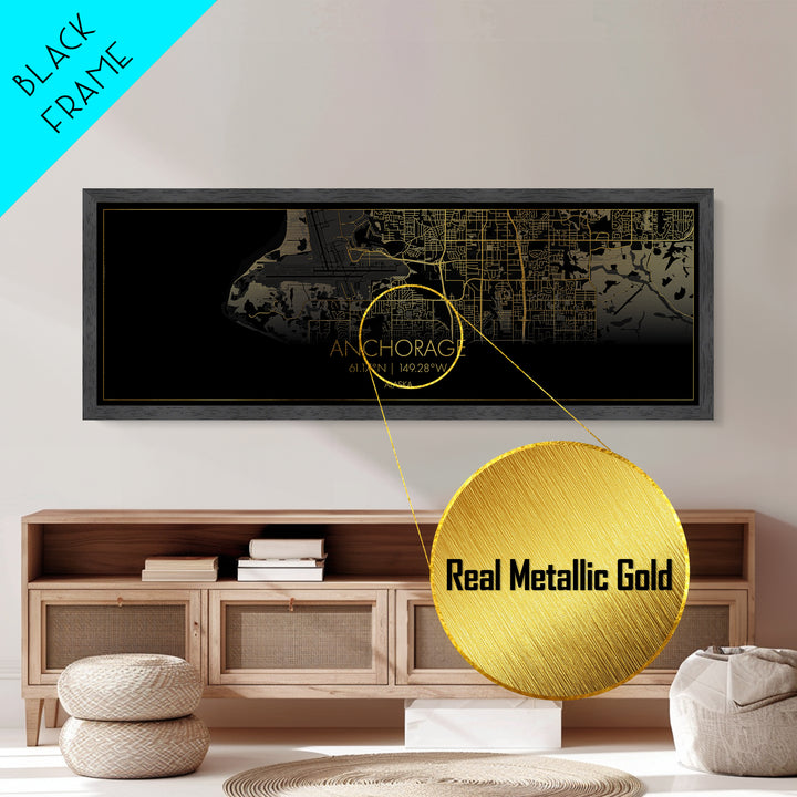 Anchorage Alaska City street map, Panoramic art, black and gold, Metallic Gold Print, Metal Art, real wood frames, Gold Street Map Art