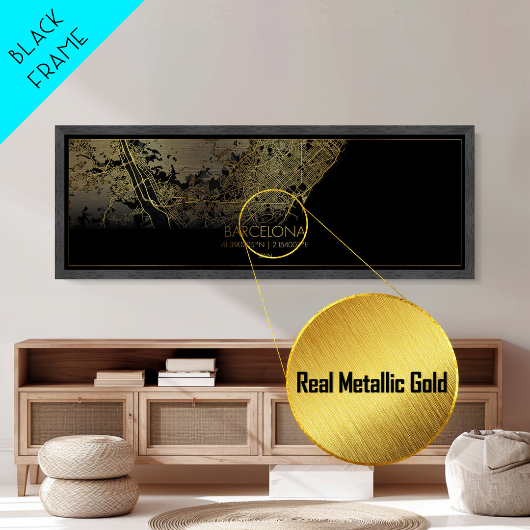 Barcelona Spain City street map, Panoramic art, black and gold, Metallic Gold Print, Metal Art, real wood frames, Modern Wall Art