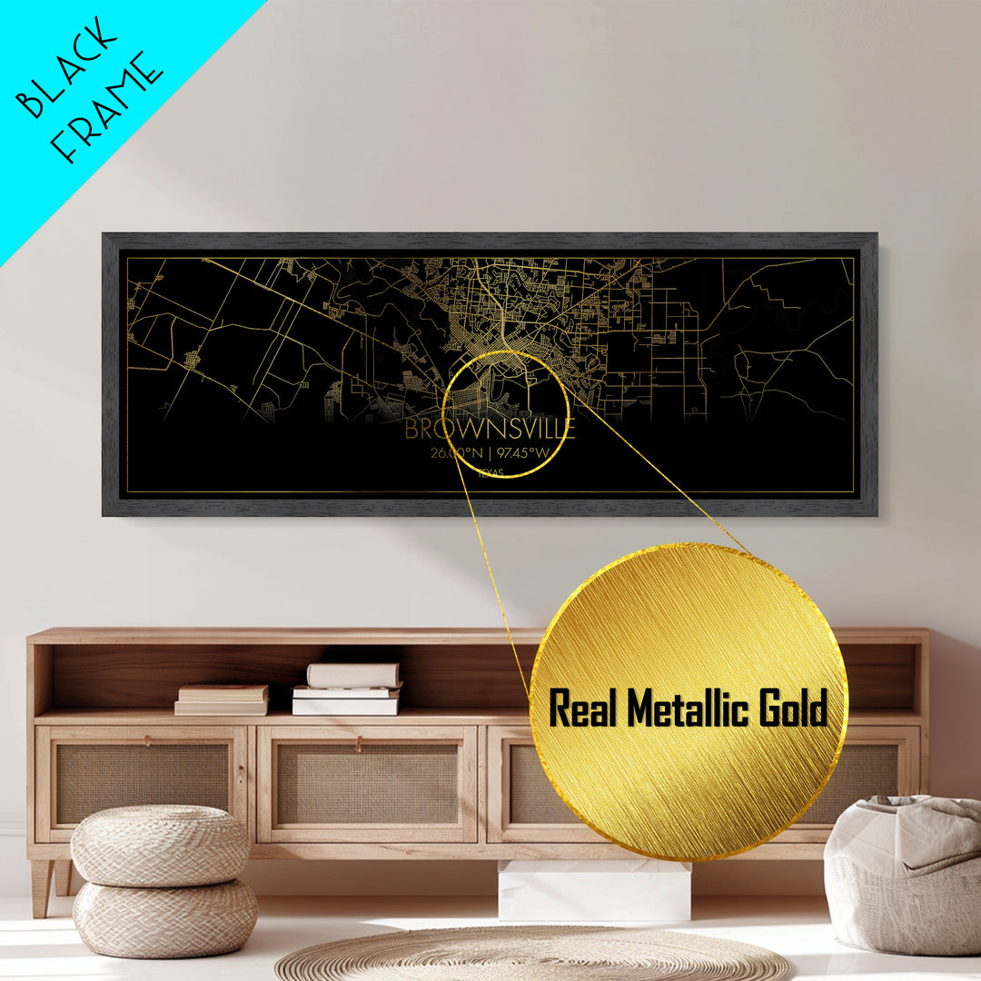 Brownsville Texas Poster, Panoramic street map, black and gold, Metallic Gold Art, Metal Art, wood framed map, Best Friend Gifts