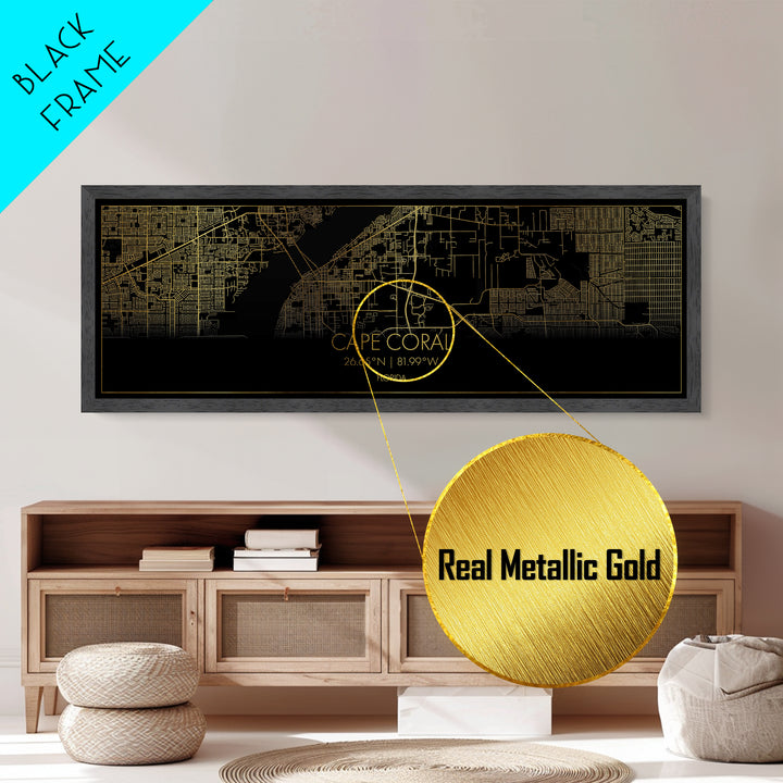 Cape Coral Florida City street map, Panoramic art, black and gold, Metallic Gold Print, Metal Art, real wood frames, Housewarming Gift