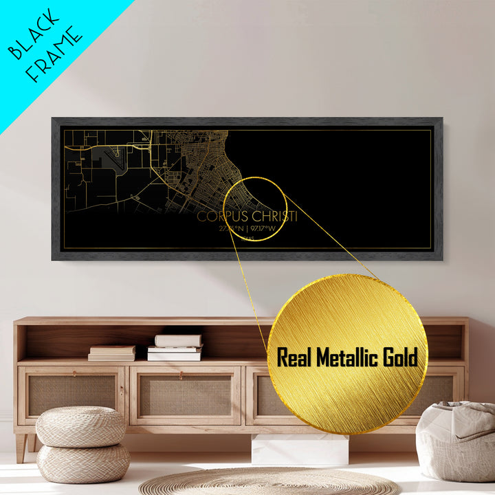 Corpus Christi Texas City street map, Panoramic art, black and gold, Metallic Gold Print, Metal Art, real wood frames, Best Friend Gifts