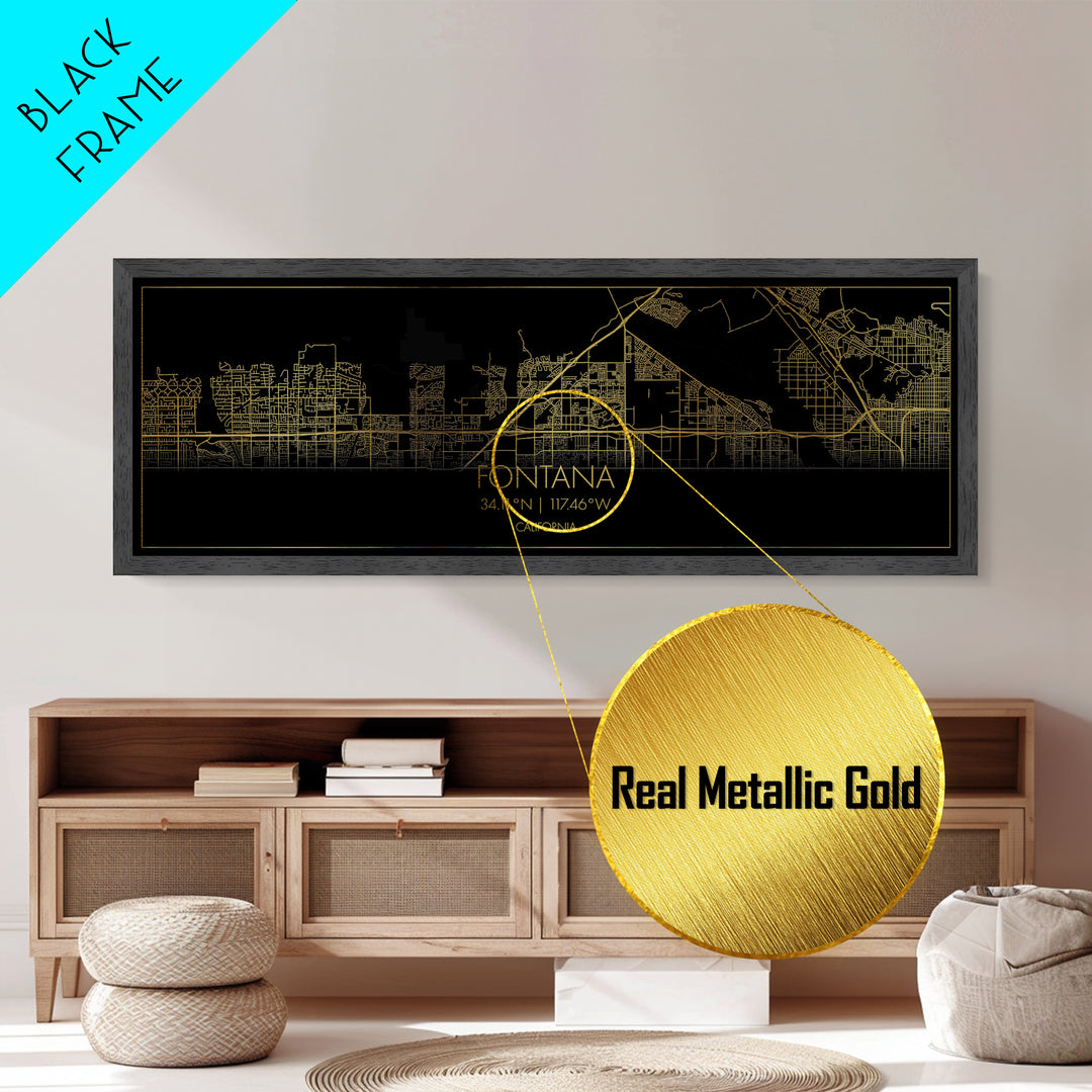 Fontana California City Poster, Panoramic street map, black and gold, Metallic Gold Art, Metal Art, wood framed map, Best Friend Gifts