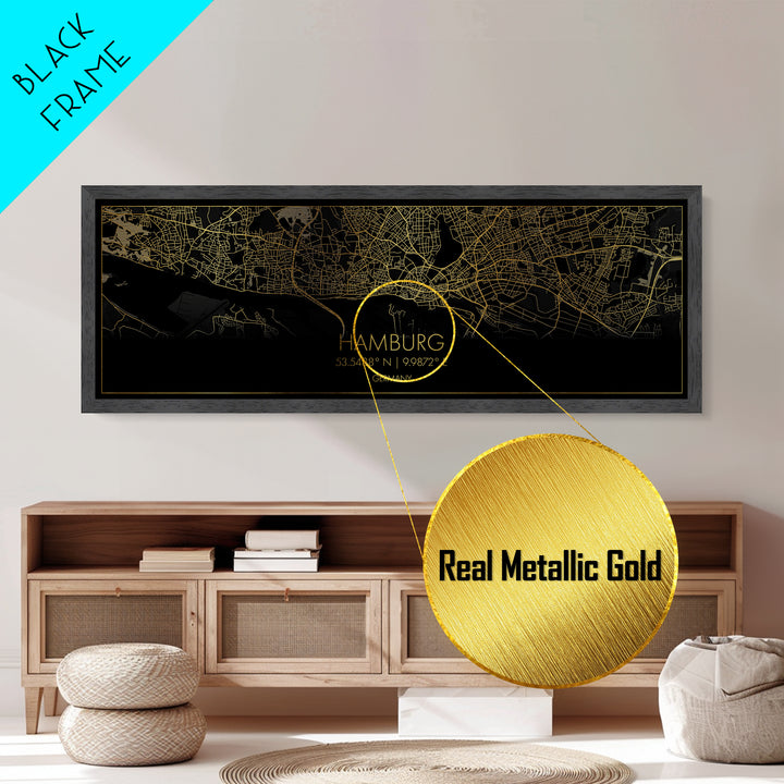 Hamburg Germany City street map, Panoramic art, black and gold, Metallic Gold Print, Metal Art, real wood frames, College Dorm Décor
