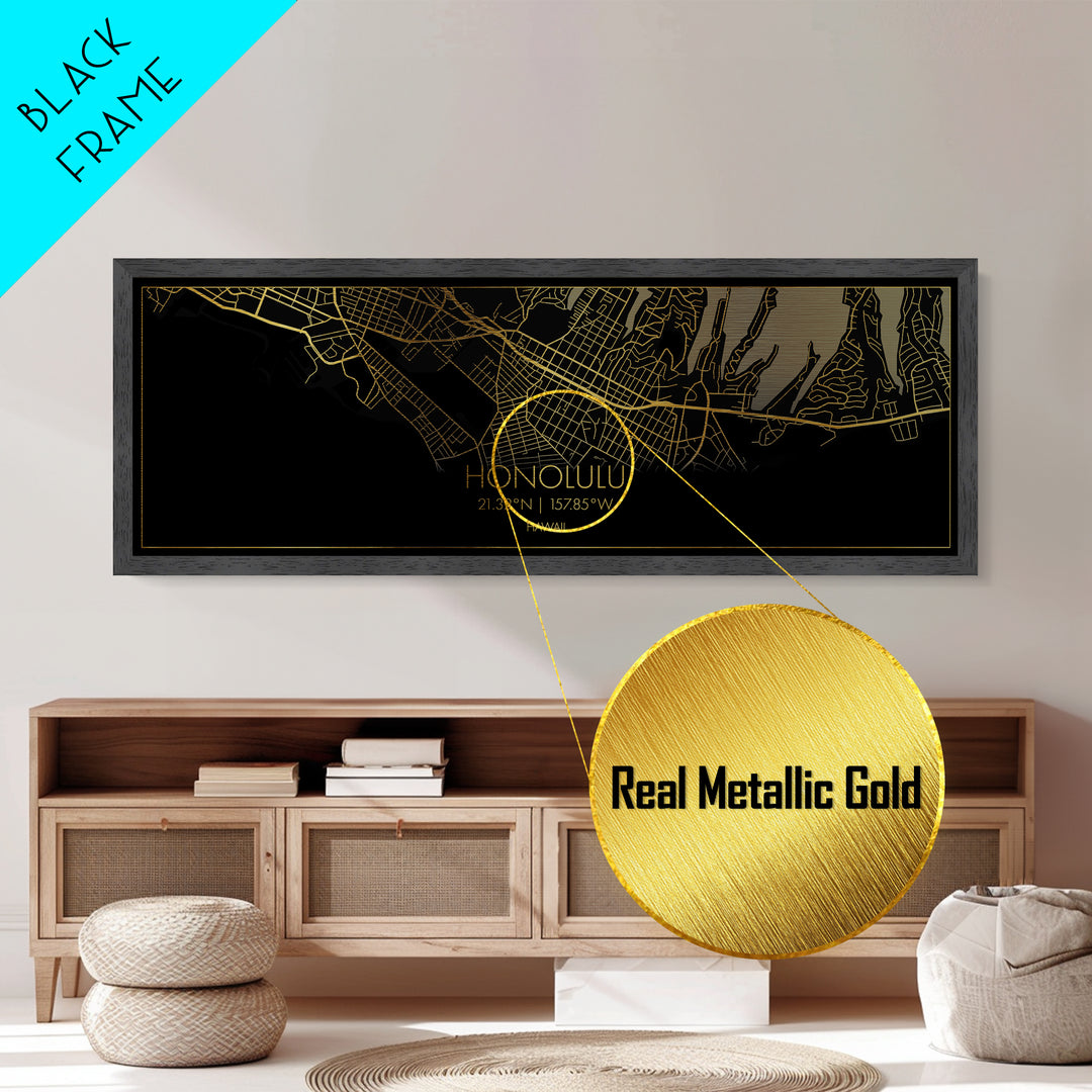 Honolulu Hawaii City street map, Panoramic art, black and gold, Metallic Gold Print, Metal Art, real wood frames, City Map Print Poster