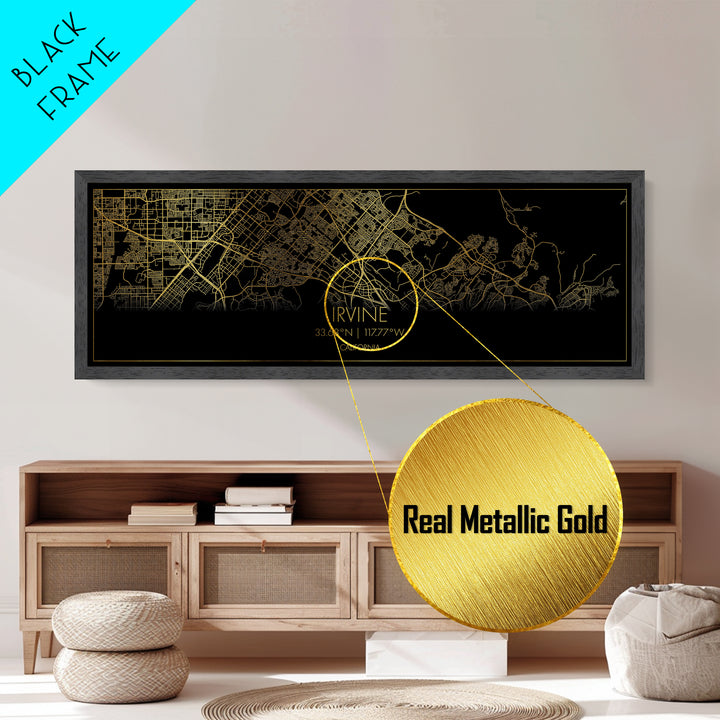 Irvine California Poster, Panoramic street map, black and gold, Metallic Gold Art, Metal Art, wood framed map, Wall Art, Housewarming Gift