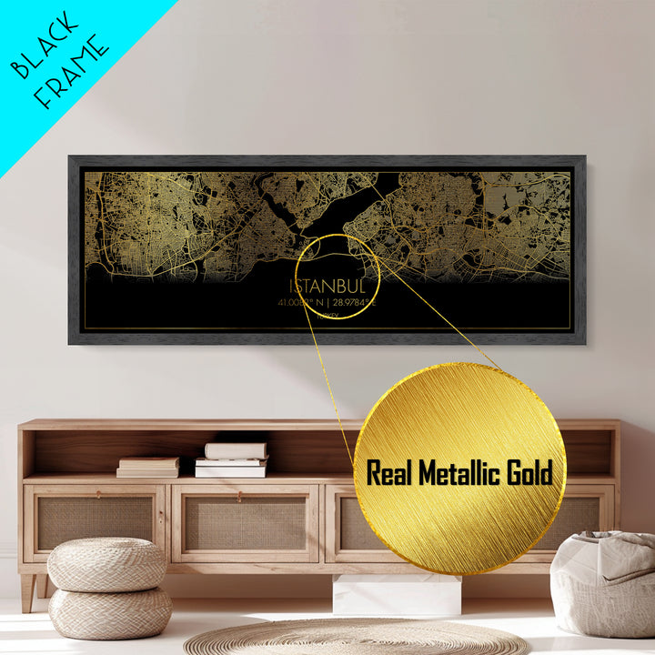 Istanbul Turkey map, Panoramic art, black and gold, Metallic Gold Print, Metal Art, real wood frames, Street Map Art, Best Friend Gifts
